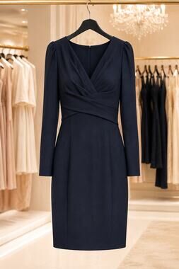 Elie Tahari Zoe Stargazer Dress 12 Navy Ruched V Neck Long Sleeve Sheath NWT
